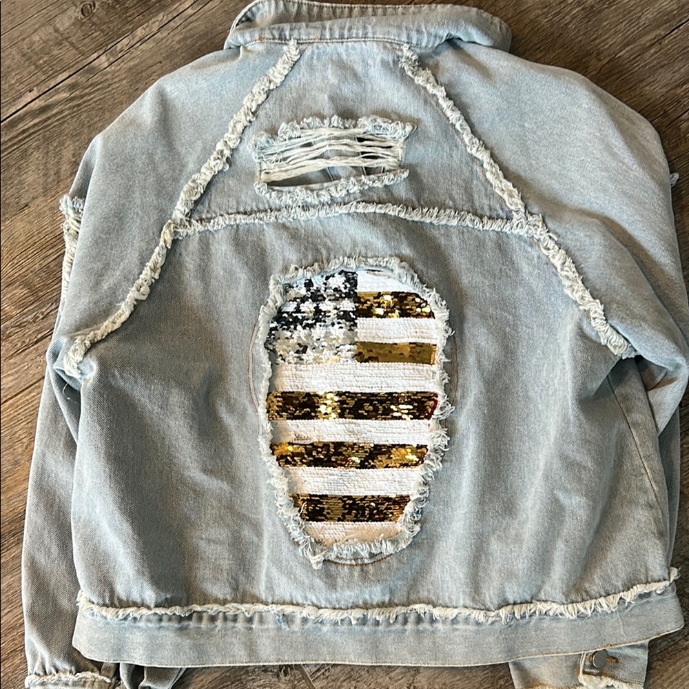 POL Light Wash Denim Jacket with Sequin American Flag Patch